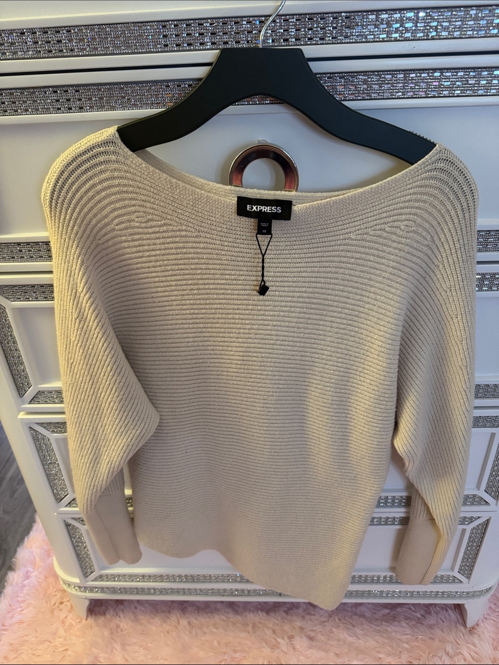 Express Off-the-Shoulder Ribbed Sweater in Cream